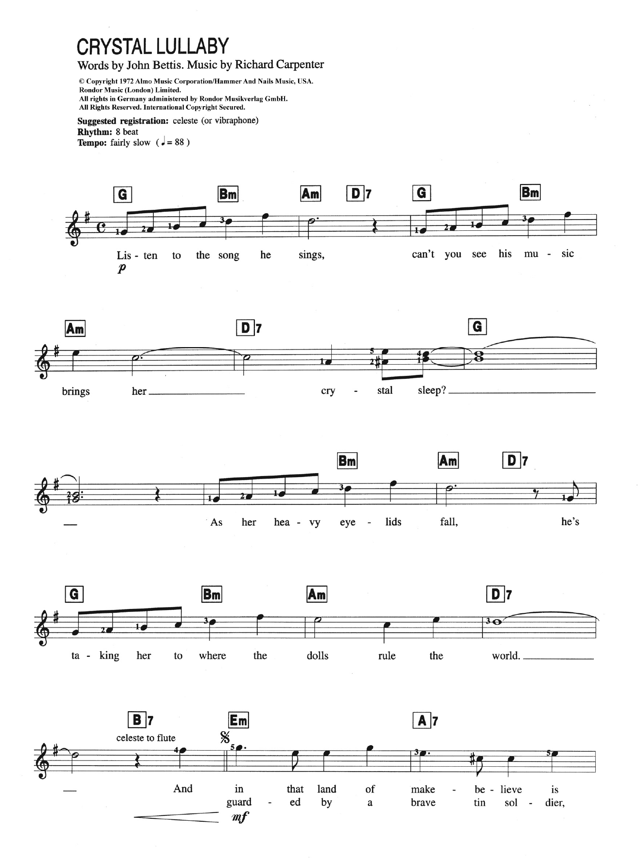 Carpenters Crystal Lullaby Sheet Music Notes & Chords for Keyboard - Download or Print PDF