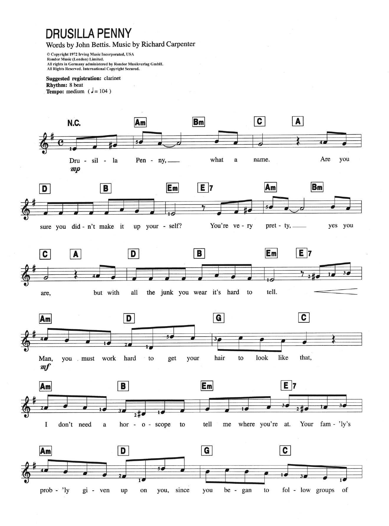Carpenters Drusilla Penny Sheet Music Notes & Chords for Keyboard - Download or Print PDF
