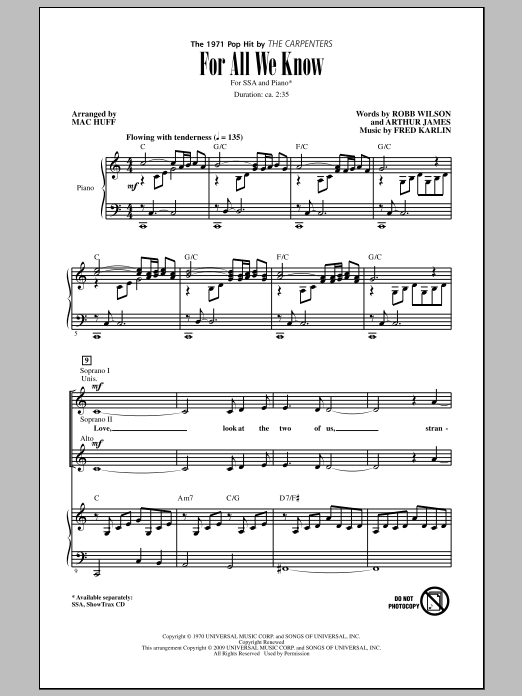 Mac Huff For All We Know Sheet Music Notes & Chords for SSA - Download or Print PDF