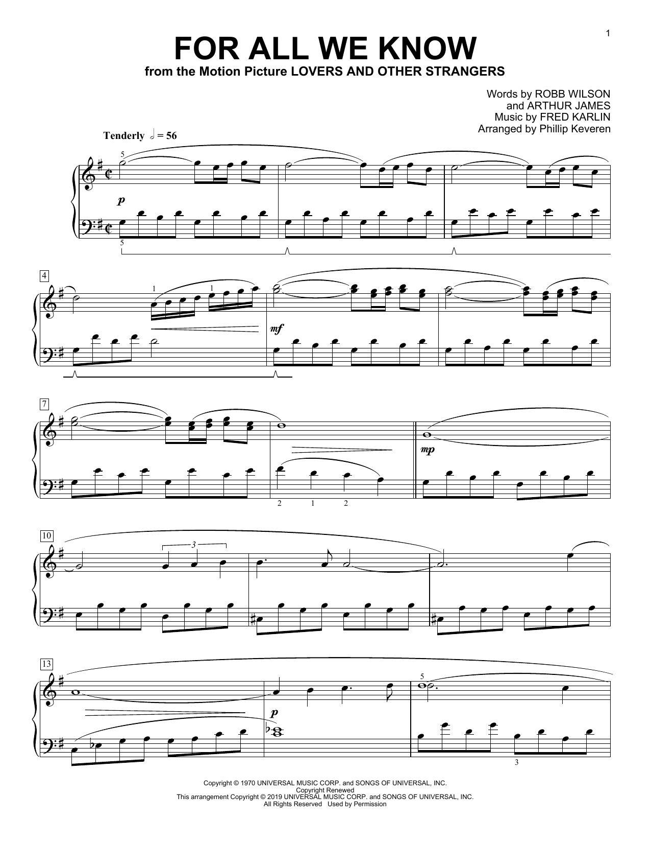 Carpenters For All We Know (arr. Phillip Keveren) Sheet Music Notes & Chords for Piano Solo - Download or Print PDF