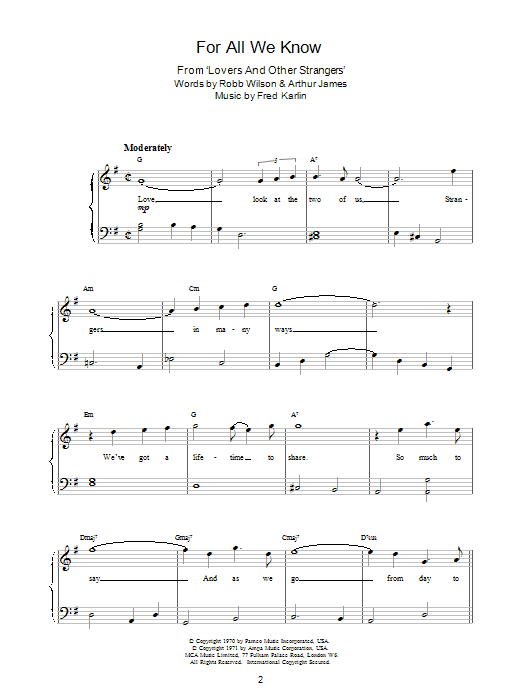 The Carpenters For All We Know Sheet Music Notes & Chords for Guitar Tab - Download or Print PDF