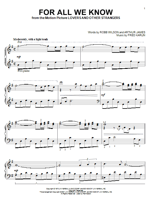 Preview Carpenters For All We Know Pop sheet music, notes and chords for Lyrics & Chords, SKU: 81995 For All We Know sheet music