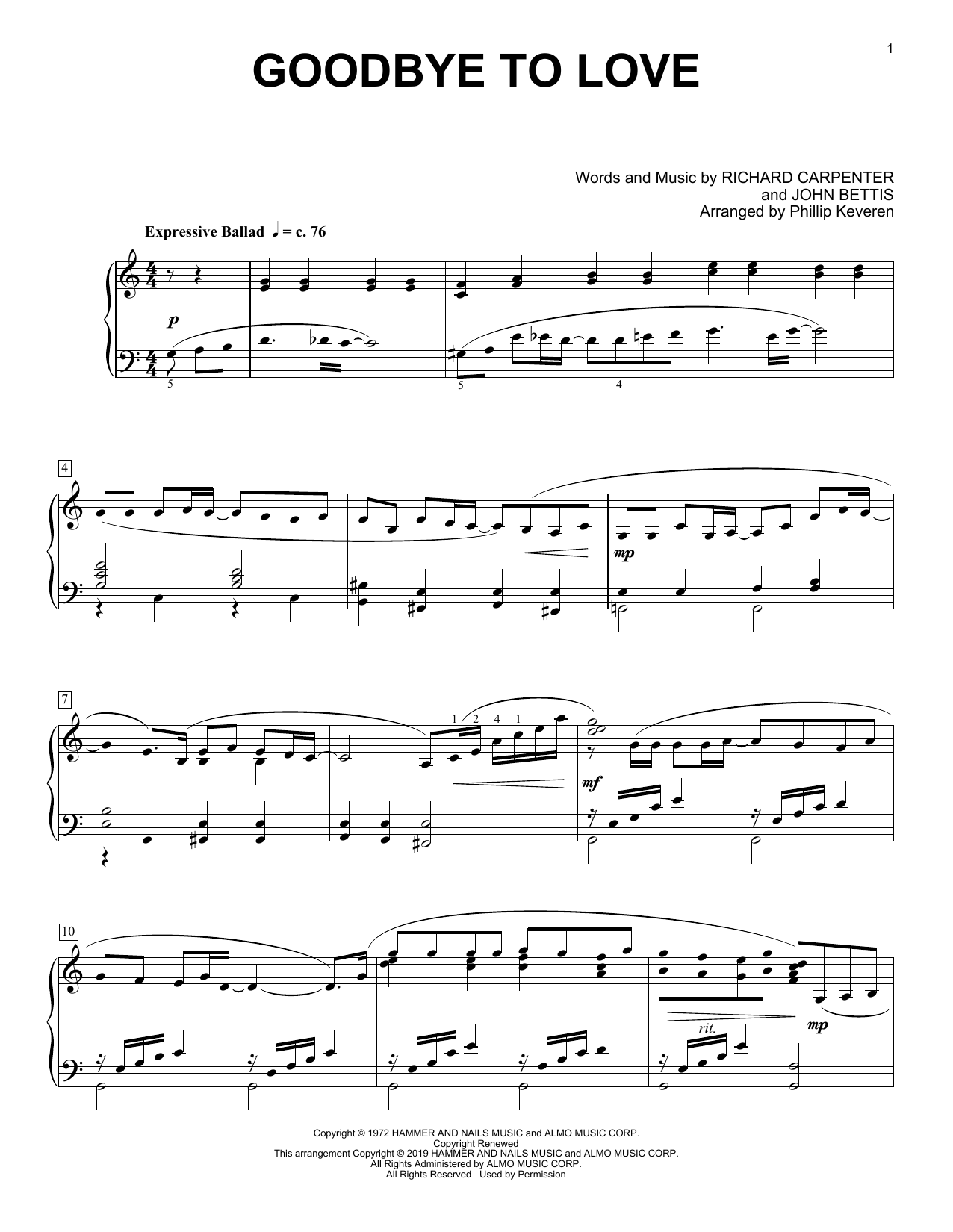 Carpenters Goodbye To Love (arr. Phillip Keveren) Sheet Music Notes & Chords for Piano Solo - Download or Print PDF