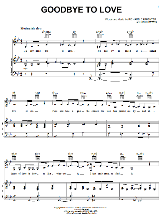 Carpenters Goodbye To Love Sheet Music Notes & Chords for Alto Sax Solo - Download or Print PDF