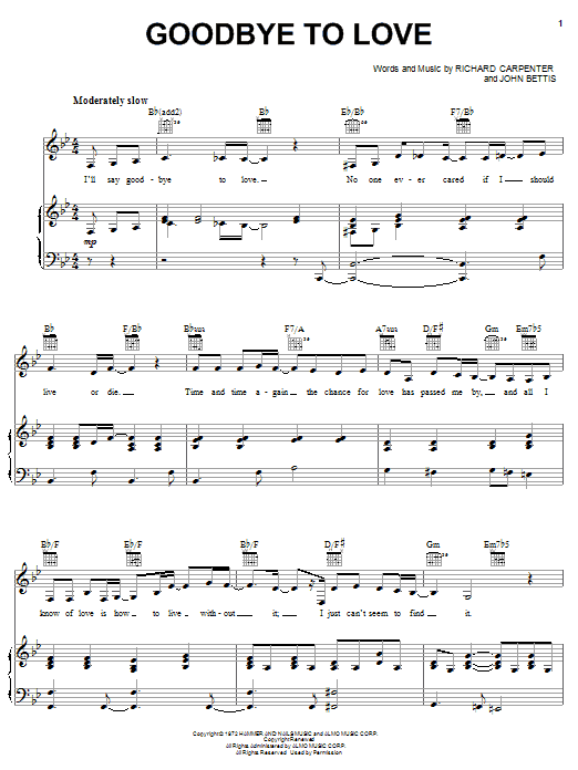 Preview Carpenters Goodbye To Love Pop sheet music, notes and chords for Piano, Vocal & Guitar (Right-Hand Melody), SKU: 17751 Goodbye To Love sheet music