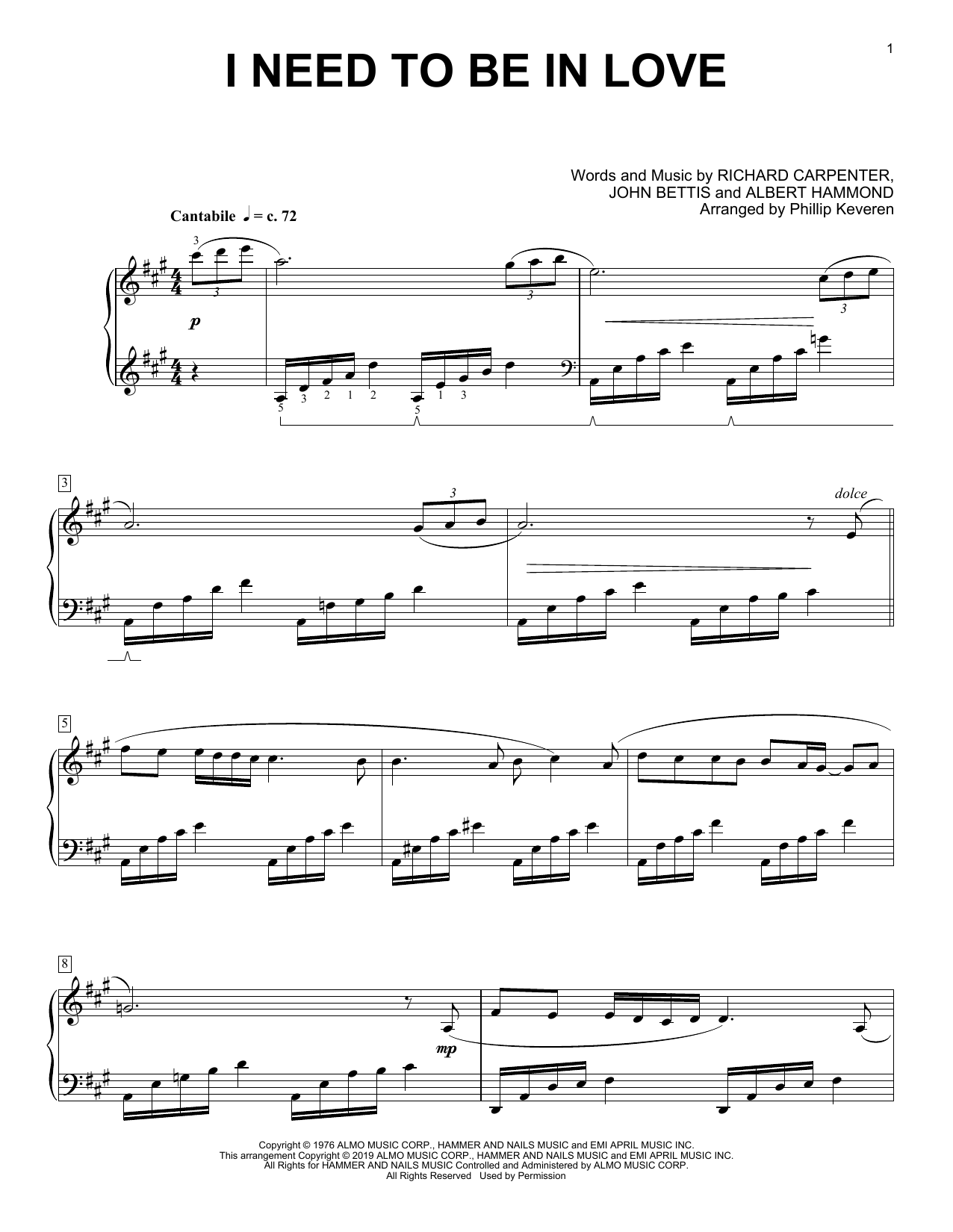 Carpenters I Need To Be In Love (arr. Phillip Keveren) Sheet Music Notes & Chords for Piano Solo - Download or Print PDF
