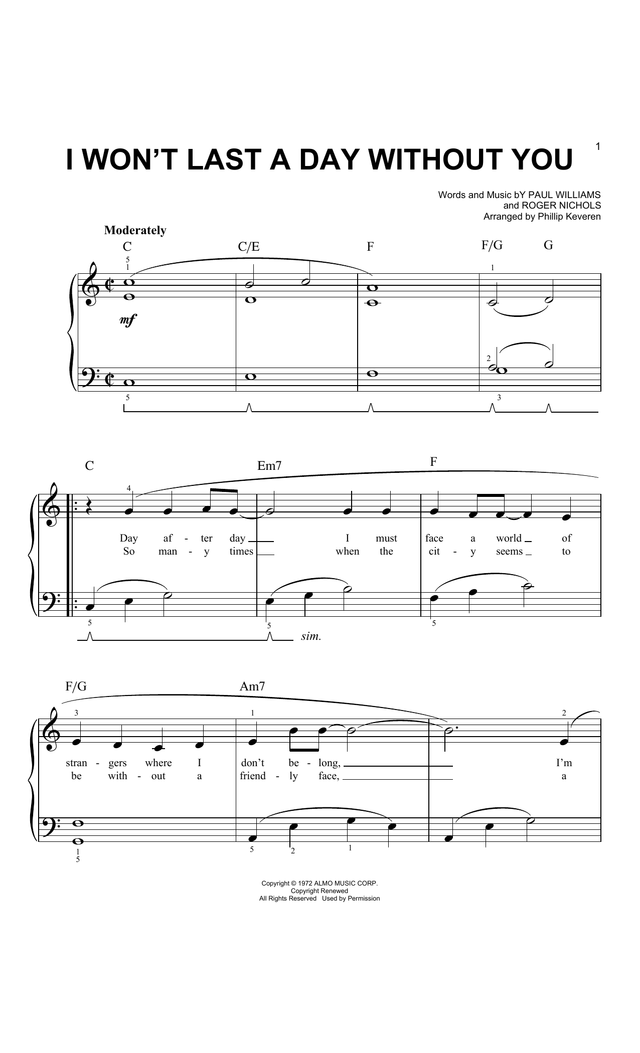Carpenters I Won't Last A Day Without You (arr. Phillip Keveren) Sheet Music Notes & Chords for Piano Solo - Download or Print PDF
