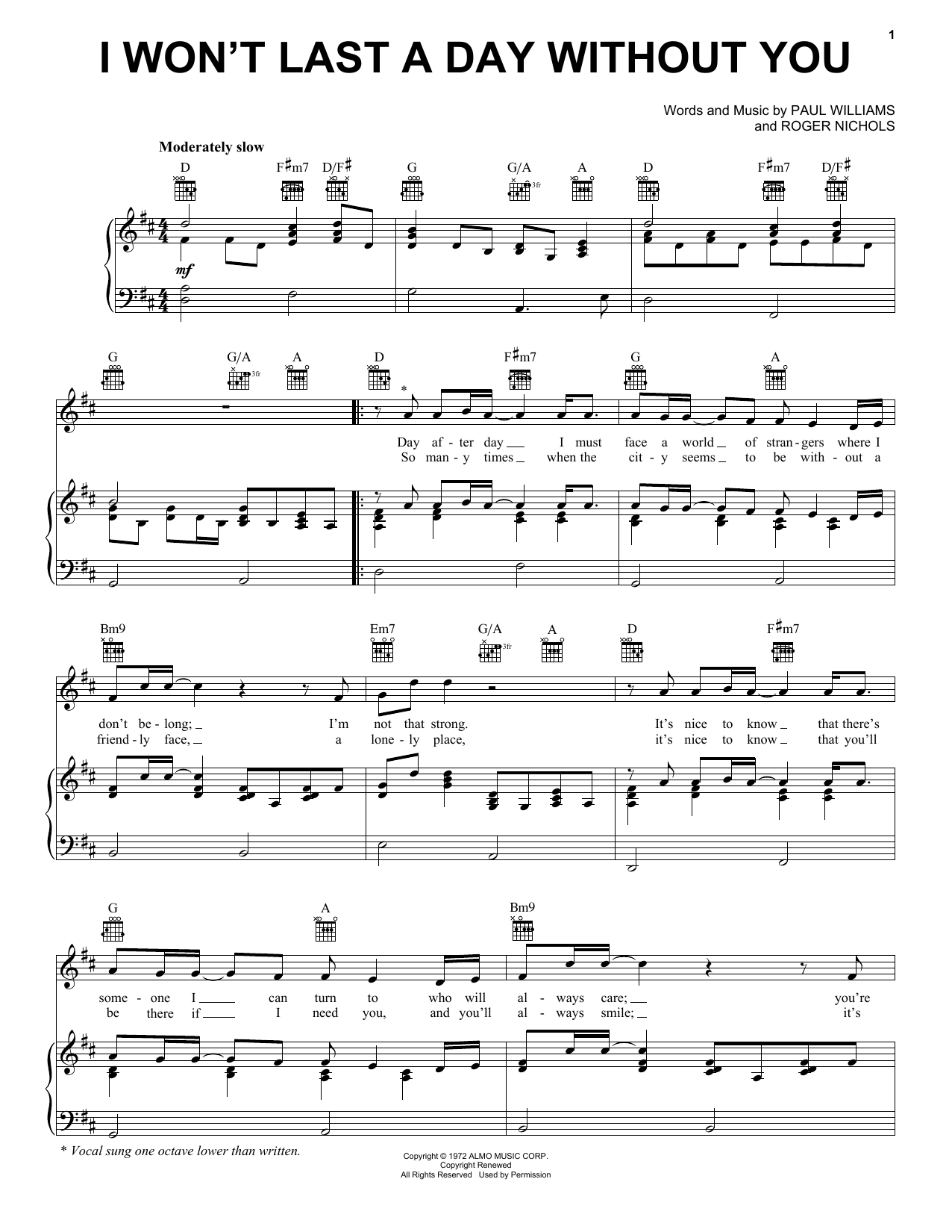 Carpenters I Won't Last A Day Without You Sheet Music Notes & Chords for Piano, Vocal & Guitar (Right-Hand Melody) - Download or Print PDF