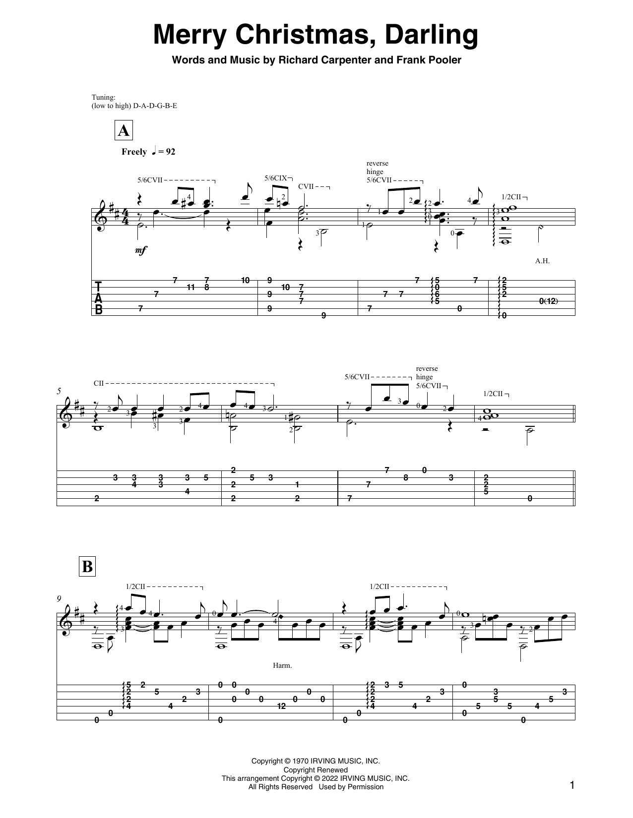 Carpenters Merry Christmas, Darling (arr. David Jaggs) Sheet Music Notes & Chords for Solo Guitar - Download or Print PDF