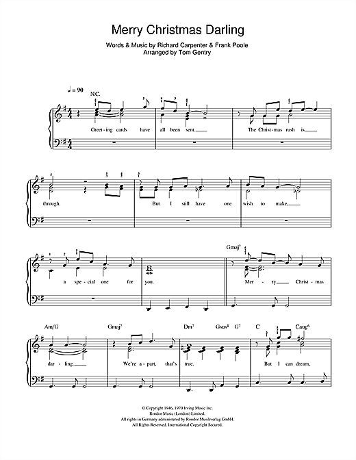 Preview Carpenters Merry Christmas Darling Easy Listening sheet music, notes and chords for Easy Piano, SKU: 49536 Merry Christmas Darling sheet music