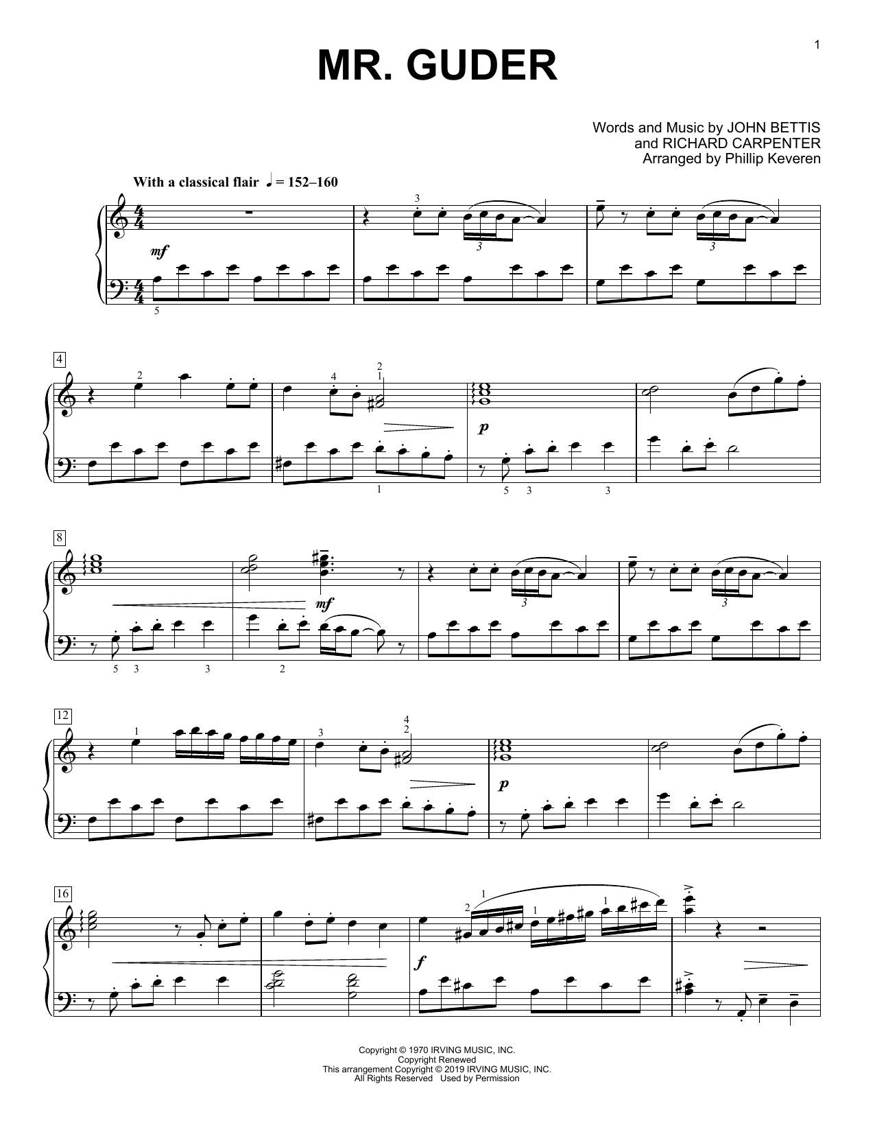 Carpenters Mr. Guder (arr. Phillip Keveren) Sheet Music Notes & Chords for Piano Solo - Download or Print PDF