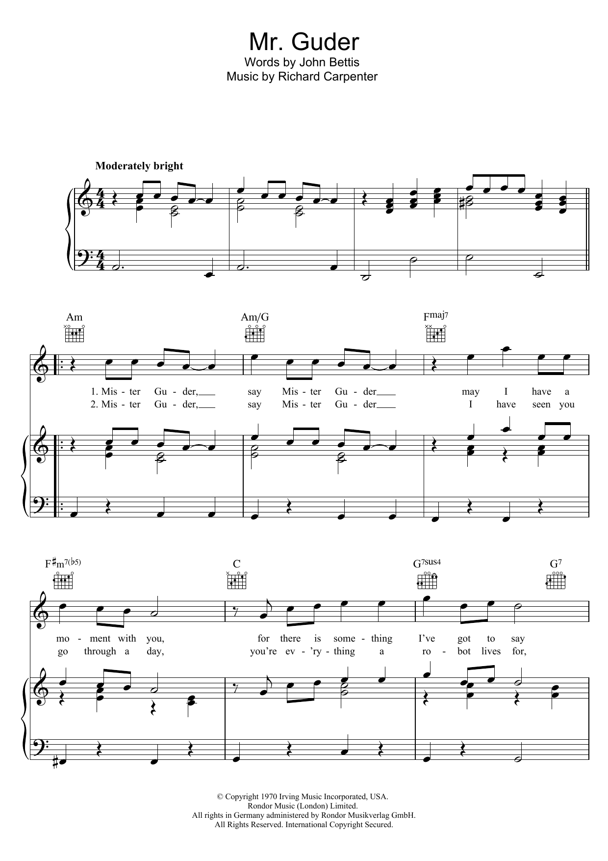 Carpenters Mr. Guder Sheet Music Notes & Chords for Piano, Vocal & Guitar (Right-Hand Melody) - Download or Print PDF