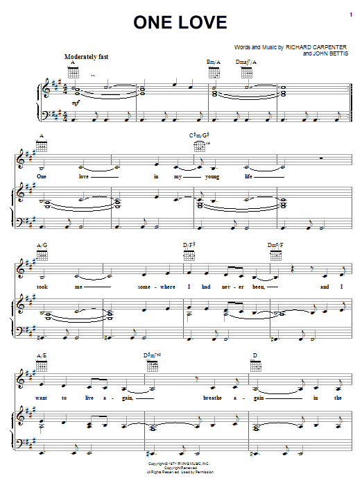 Carpenters One Love Sheet Music Notes & Chords for Piano, Vocal & Guitar (Right-Hand Melody) - Download or Print PDF