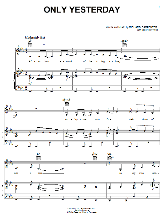 Carpenters Only Yesterday Sheet Music Notes & Chords for Piano, Vocal & Guitar (Right-Hand Melody) - Download or Print PDF