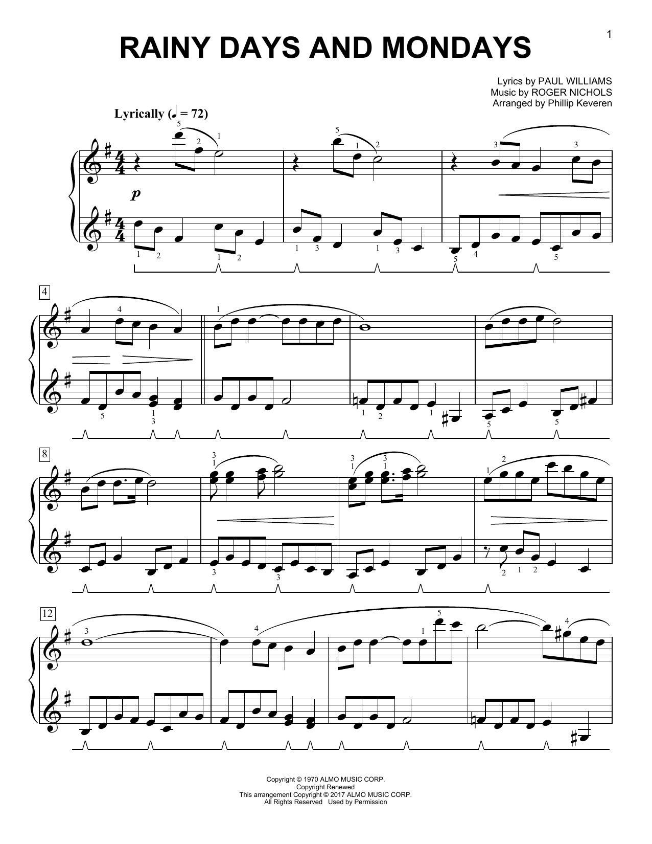 Carpenters Rainy Days And Mondays [Classical version] (arr. Phillip Keveren) Sheet Music Notes & Chords for Easy Piano - Download or Print PDF