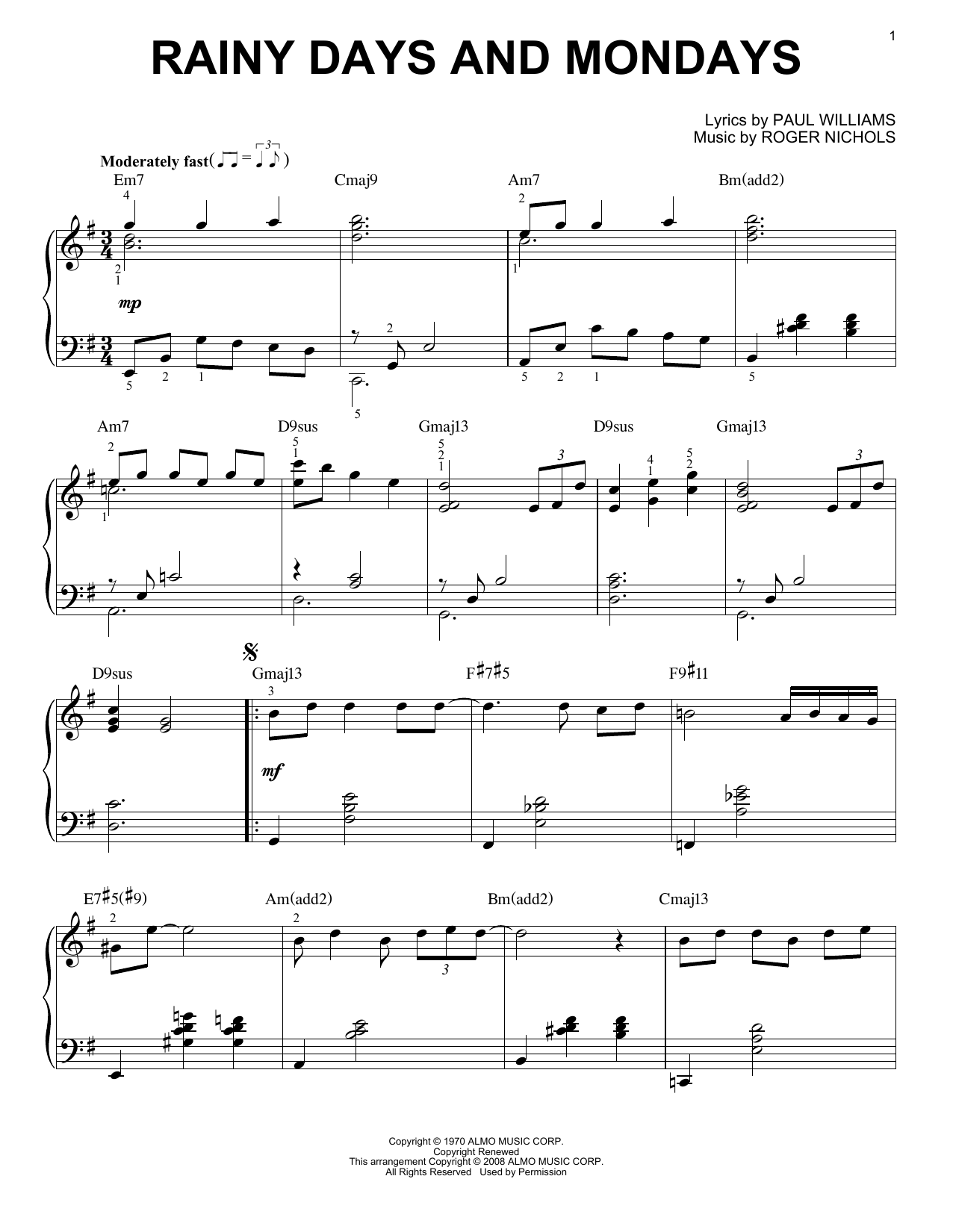 Carpenters Rainy Days And Mondays [Jazz version] (arr. Brent Edstrom) Sheet Music Notes & Chords for Piano - Download or Print PDF