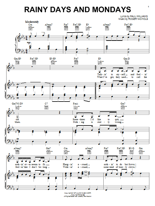 Carpenters Rainy Days And Mondays sheet music notes and chords. Download Printable PDF.