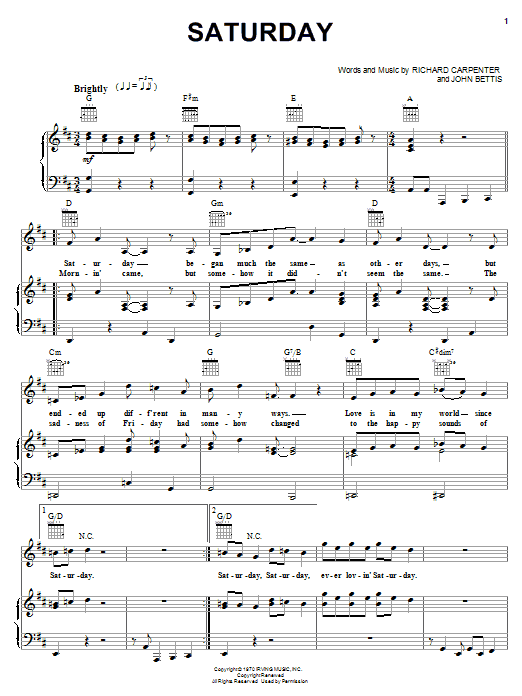Carpenters Saturday Sheet Music Notes & Chords for Piano, Vocal & Guitar (Right-Hand Melody) - Download or Print PDF