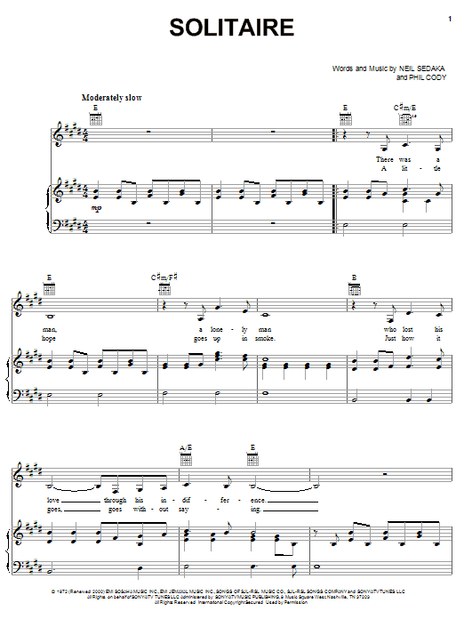 Carpenters Solitaire Sheet Music Notes & Chords for Piano, Vocal & Guitar (Right-Hand Melody) - Download or Print PDF