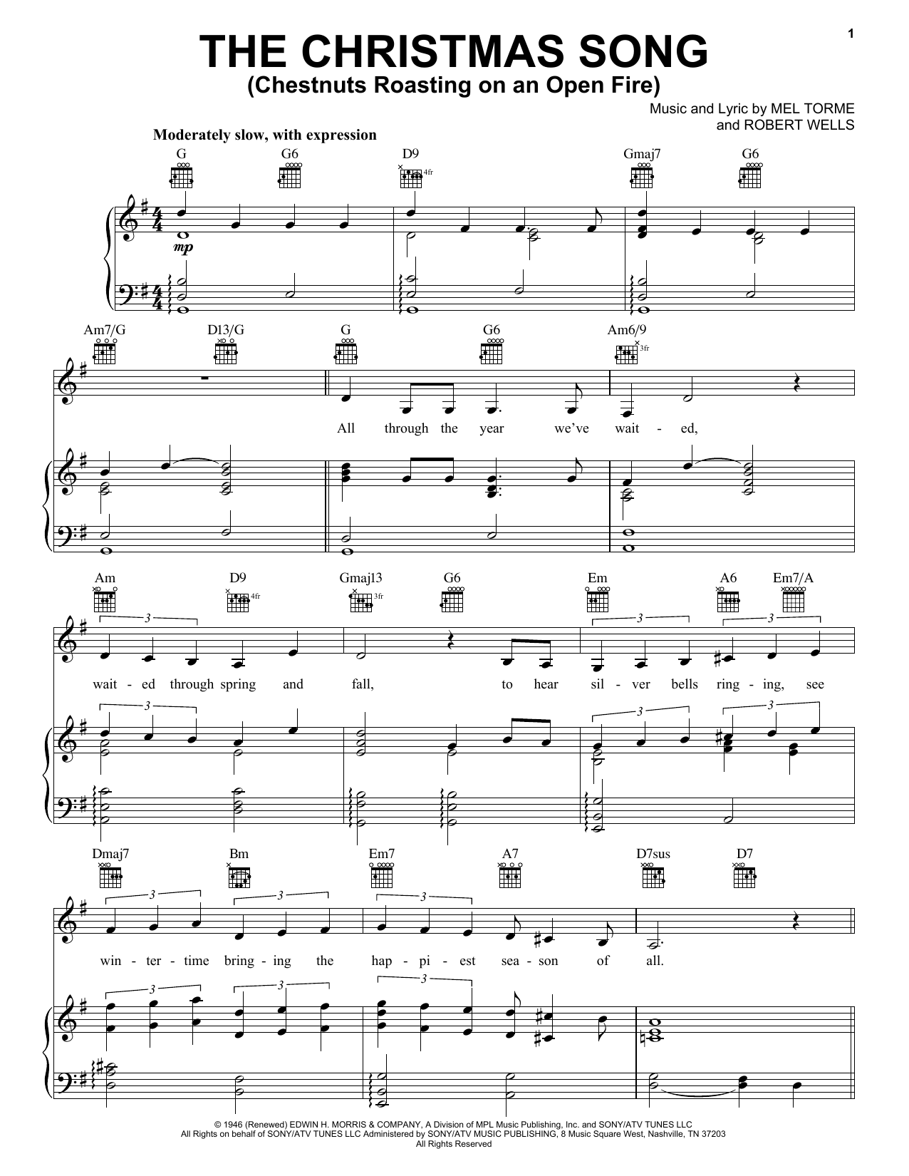 Carpenters The Christmas Song (Chestnuts Roasting On An Open Fire) Sheet Music Notes & Chords for Piano, Vocal & Guitar (Right-Hand Melody) - Download or Print PDF