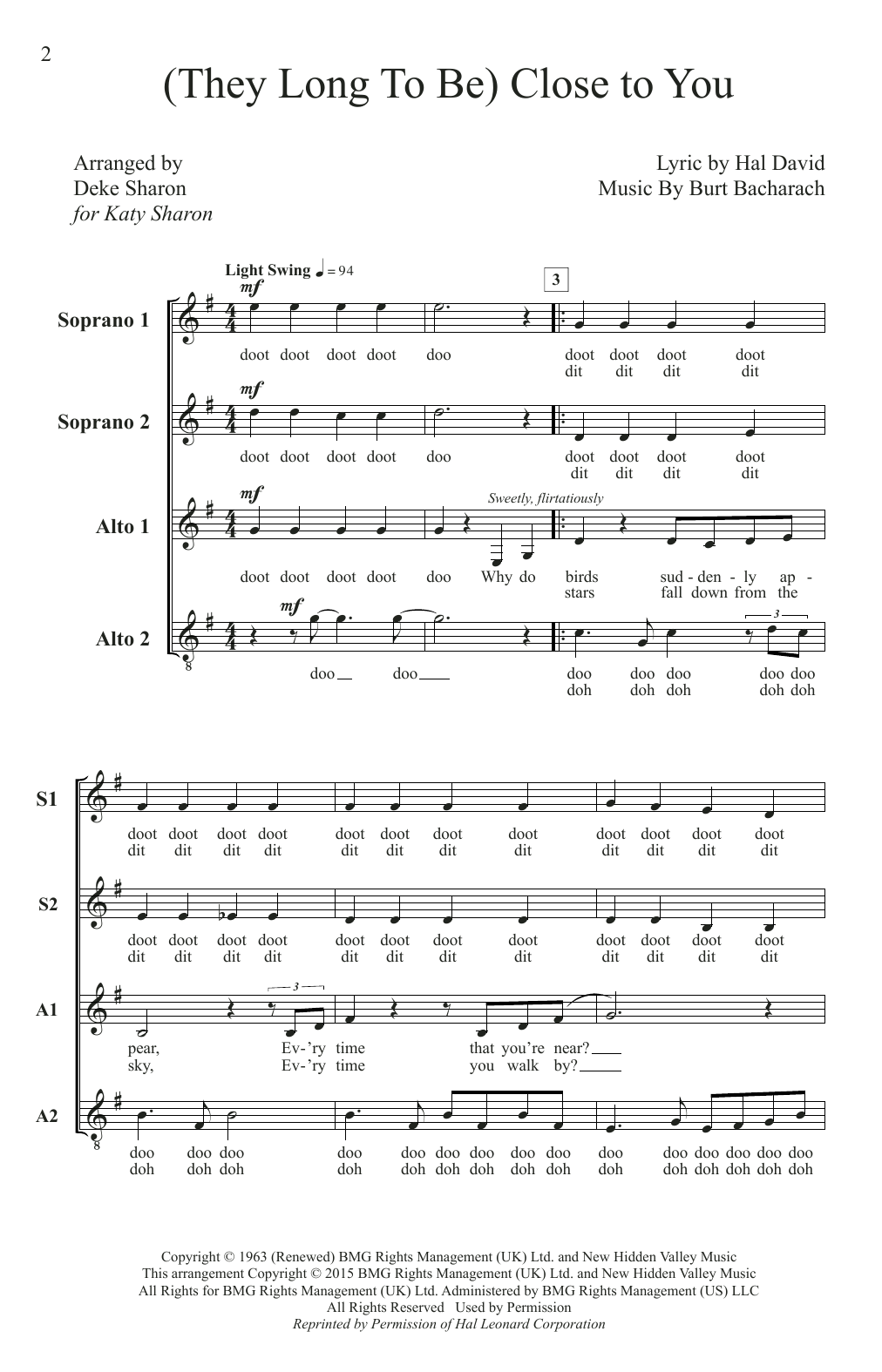 Carpenters (They Long To Be) Close To You (arr. Deke Sharon) Sheet Music Notes & Chords for SSA - Download or Print PDF