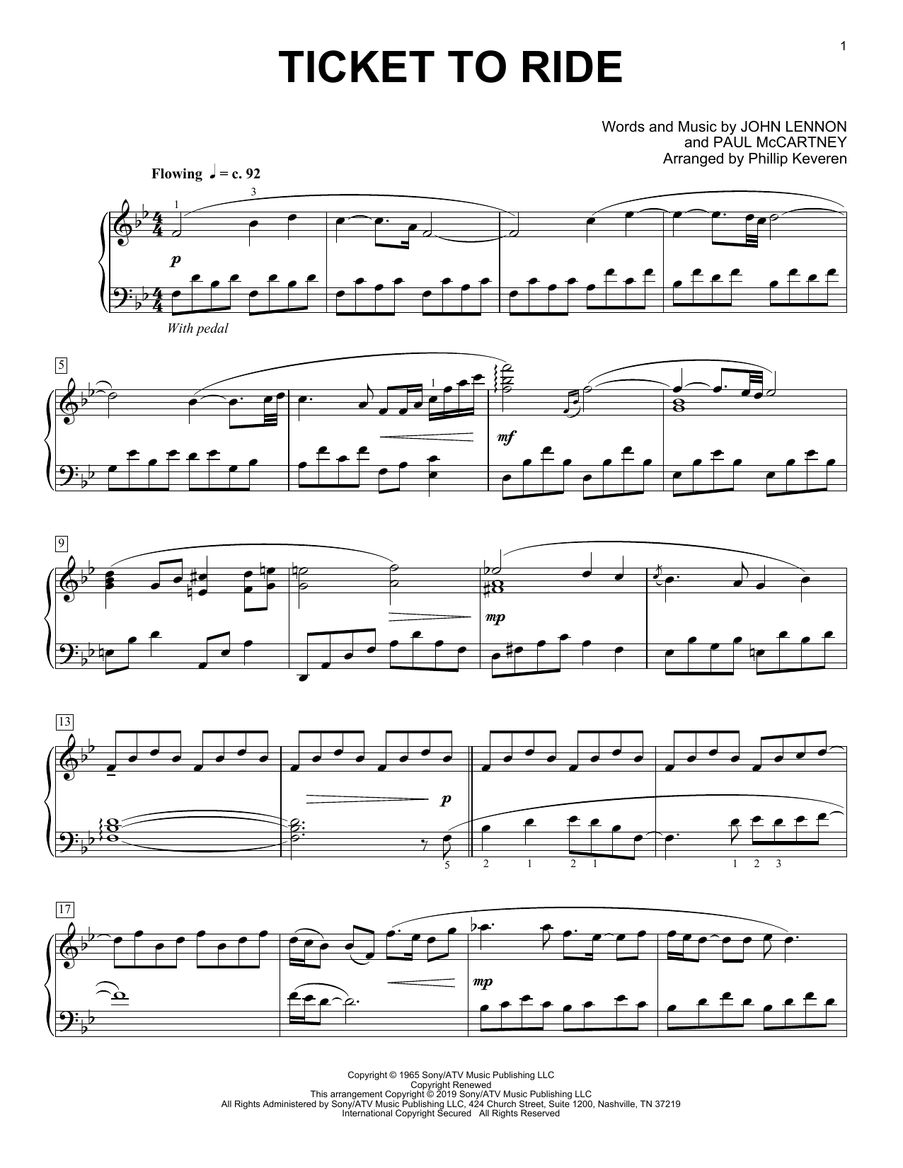 Carpenters Ticket To Ride (arr. Phillip Keveren) Sheet Music Notes & Chords for Piano Solo - Download or Print PDF