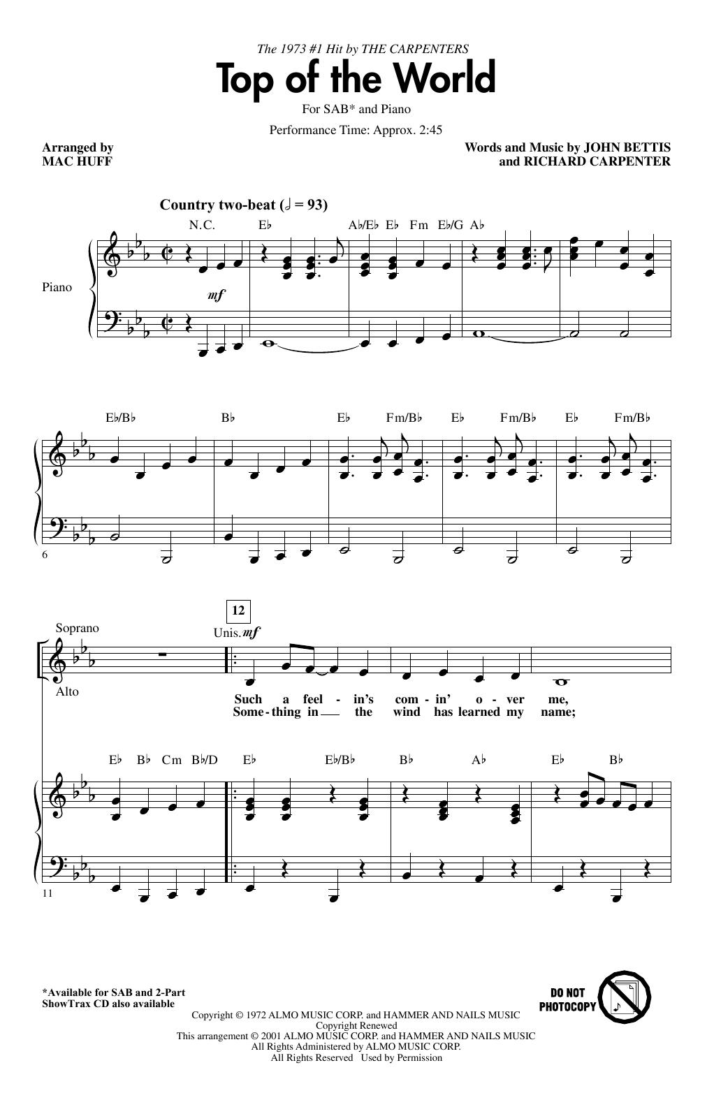 Carpenters Top Of The World (arr. Mac Huff) Sheet Music Notes & Chords for SAB Choir - Download or Print PDF