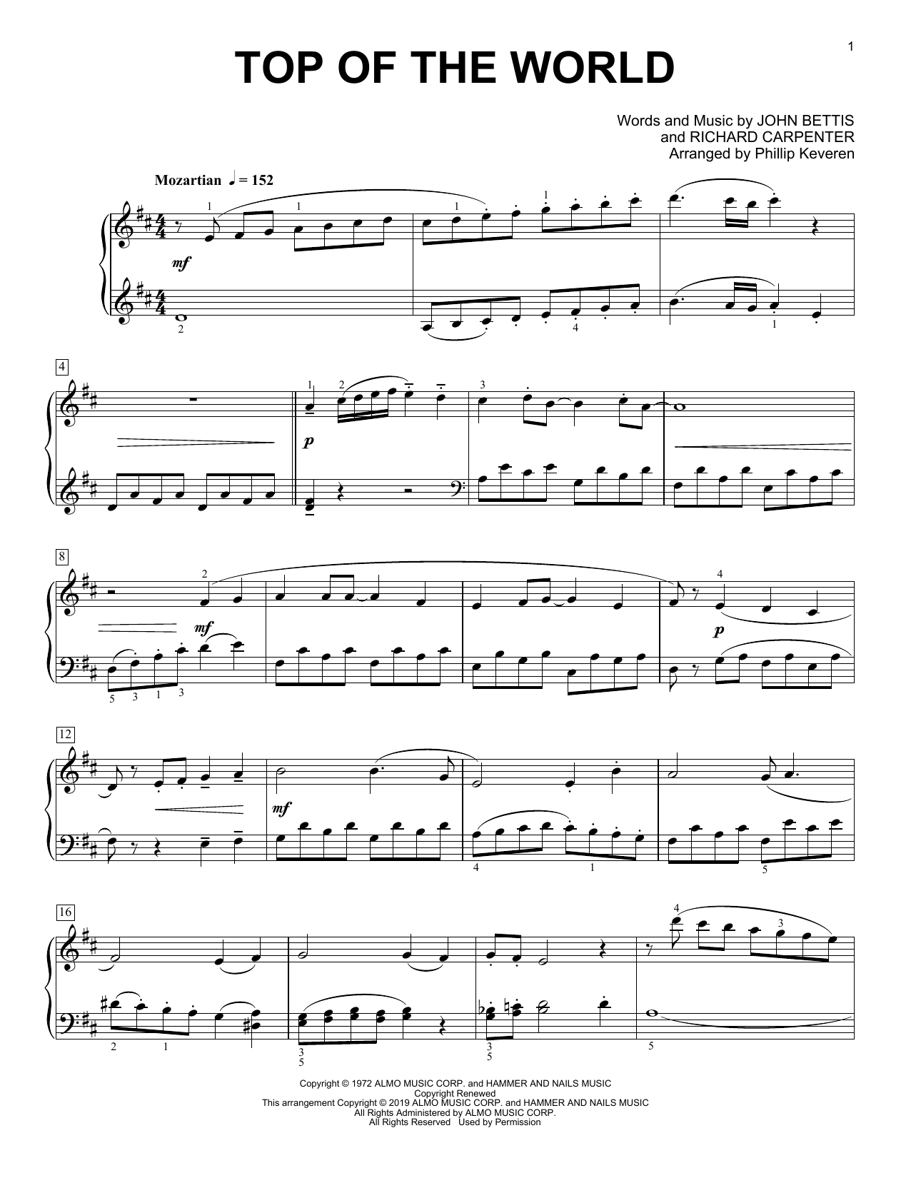 Carpenters Top Of The World (arr. Phillip Keveren) Sheet Music Notes & Chords for Piano Solo - Download or Print PDF