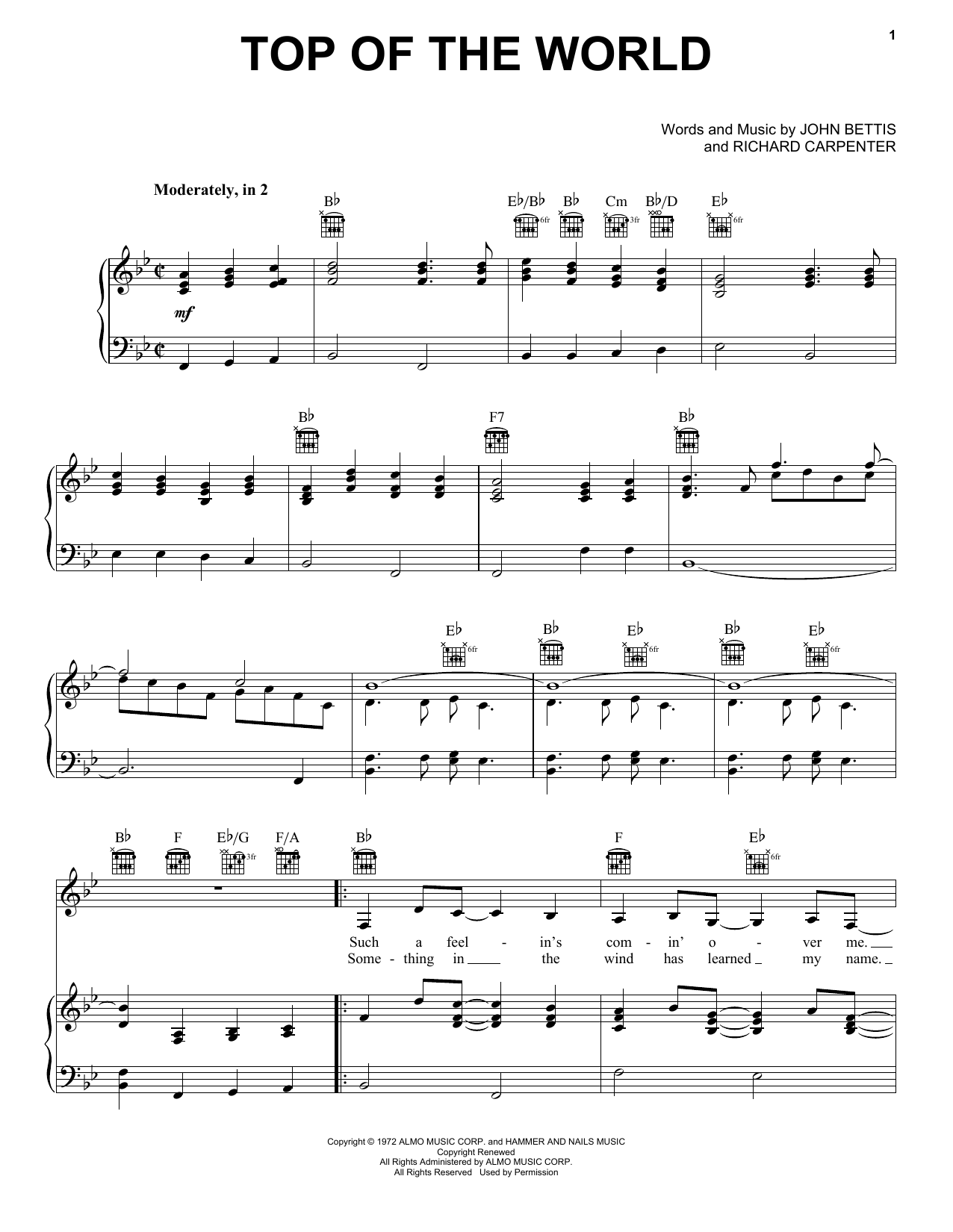 Carpenters Top Of The World sheet music notes and chords. Download Printable PDF.
