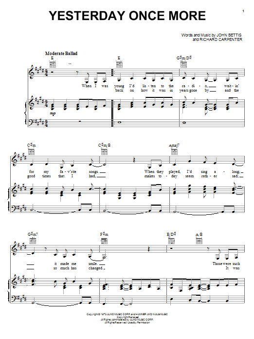 Carpenters Yesterday Once More Sheet Music Notes & Chords for Tenor Sax Solo - Download or Print PDF