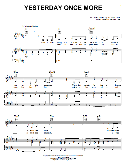 Carpenters Yesterday Once More sheet music notes and chords. Download Printable PDF.