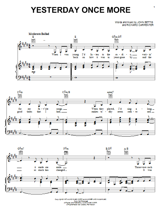 Preview Carpenters Yesterday Once More Folk sheet music, notes and chords for Melody Line, Lyrics & Chords, SKU: 188929 Yesterday Once More sheet music
