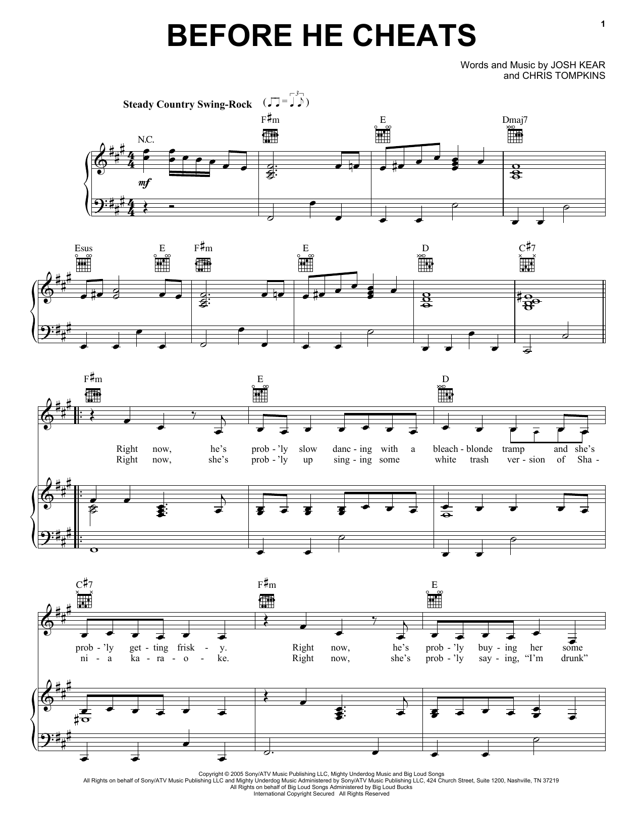 Carrie Underwood Before He Cheats Sheet Music Notes & Chords for Piano, Vocal & Guitar (Right-Hand Melody) - Download or Print PDF