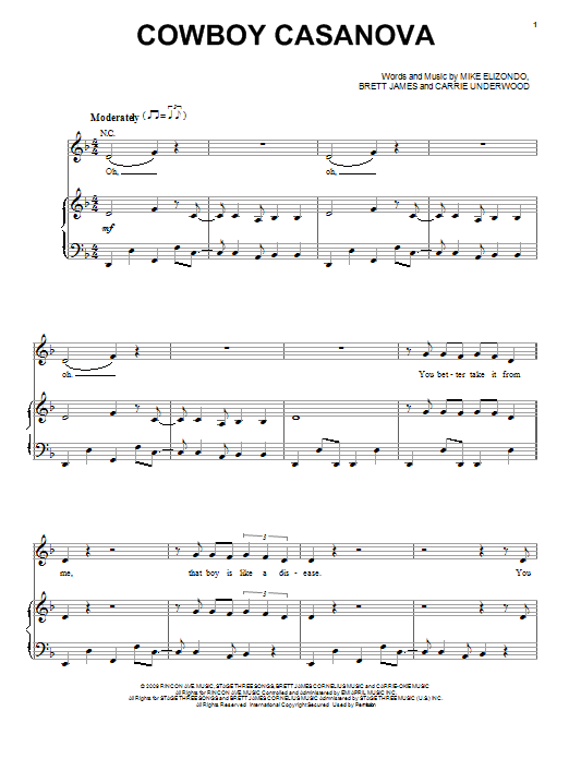 Carrie Underwood Cowboy Casanova Sheet Music Notes & Chords for Piano, Vocal & Guitar (Right-Hand Melody) - Download or Print PDF