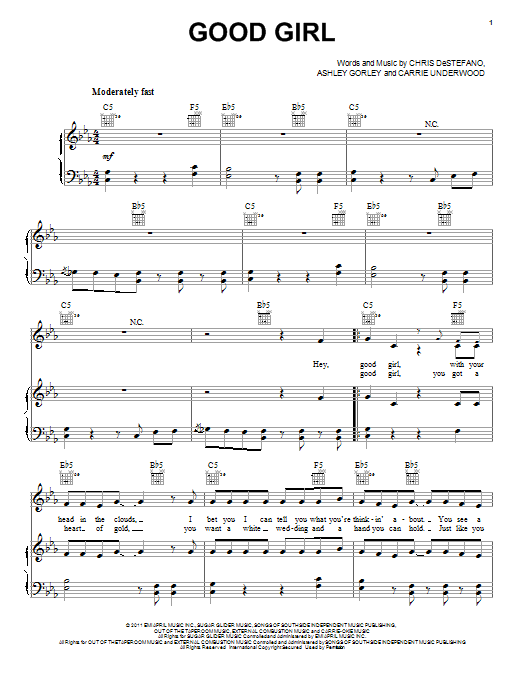 Carrie Underwood Good Girl Sheet Music Notes & Chords for Piano, Vocal & Guitar (Right-Hand Melody) - Download or Print PDF