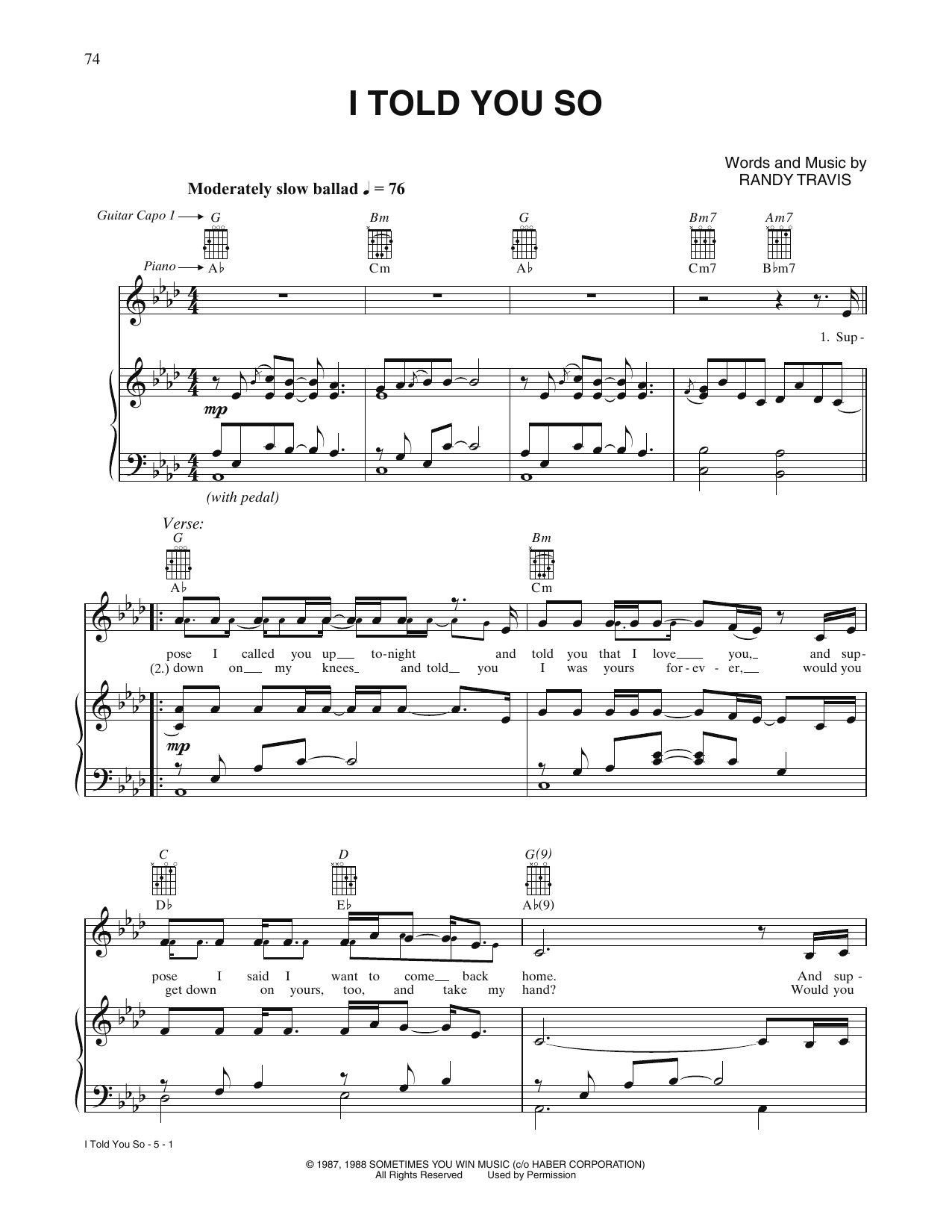 Carrie Underwood I Told You So Sheet Music Notes & Chords for Piano, Vocal & Guitar Chords (Right-Hand Melody) - Download or Print PDF