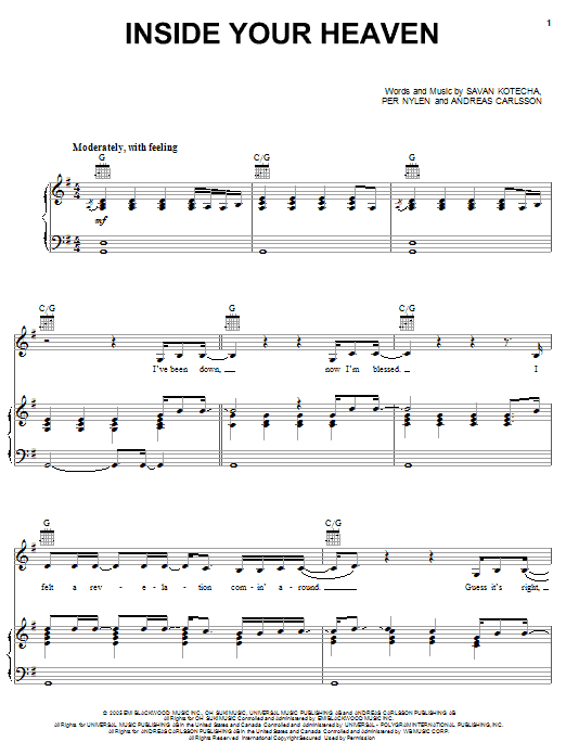 Carrie Underwood Inside Your Heaven Sheet Music Notes & Chords for Piano, Vocal & Guitar (Right-Hand Melody) - Download or Print PDF