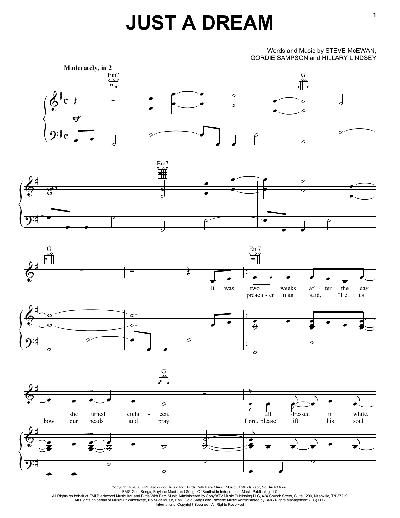 Carrie Underwood Just A Dream Sheet Music Notes & Chords for Piano, Vocal & Guitar (Right-Hand Melody) - Download or Print PDF