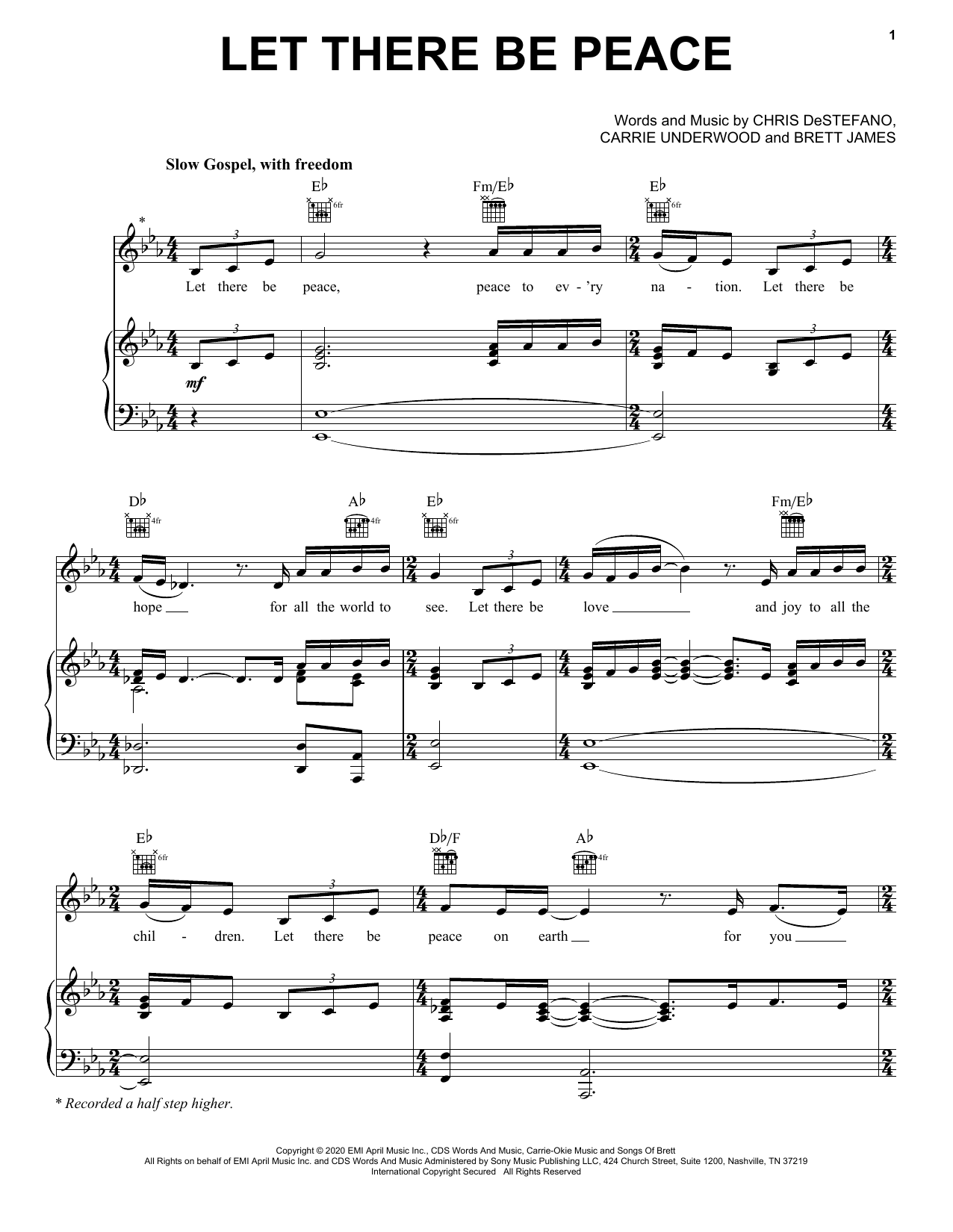 Carrie Underwood Let There Be Peace Sheet Music Notes & Chords for Piano, Vocal & Guitar (Right-Hand Melody) - Download or Print PDF