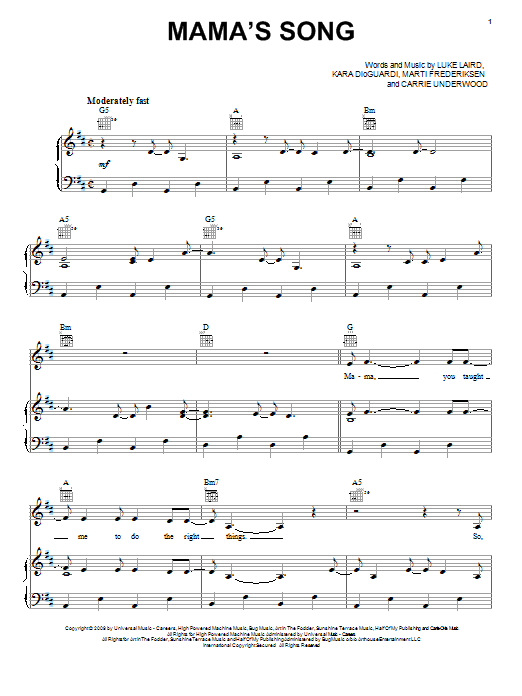Carrie Underwood Mama's Song Sheet Music Notes & Chords for Piano, Vocal & Guitar (Right-Hand Melody) - Download or Print PDF