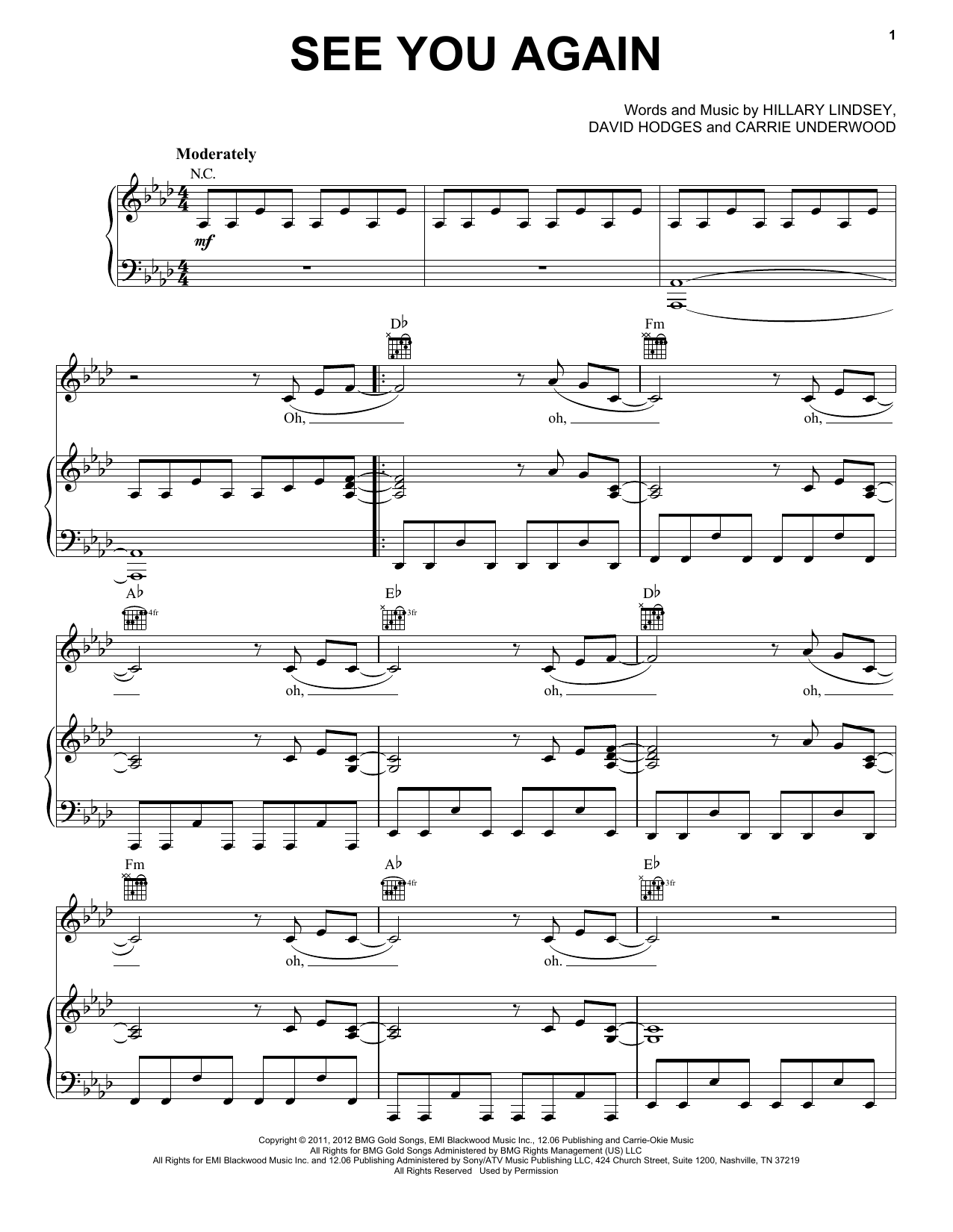 Carrie Underwood See You Again Sheet Music Notes & Chords for Piano, Vocal & Guitar Chords (Right-Hand Melody) - Download or Print PDF
