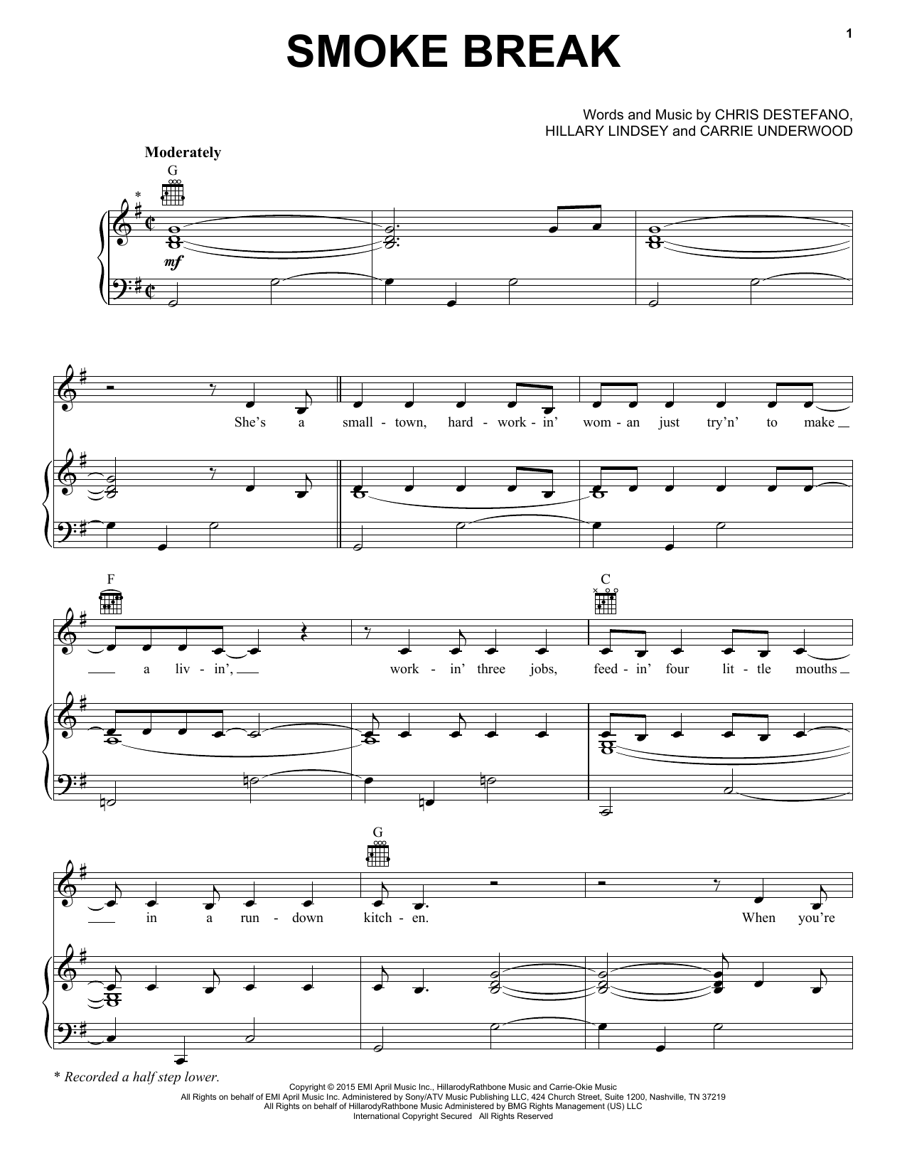 Carrie Underwood Smoke Break Sheet Music Notes & Chords for Piano, Vocal & Guitar (Right-Hand Melody) - Download or Print PDF