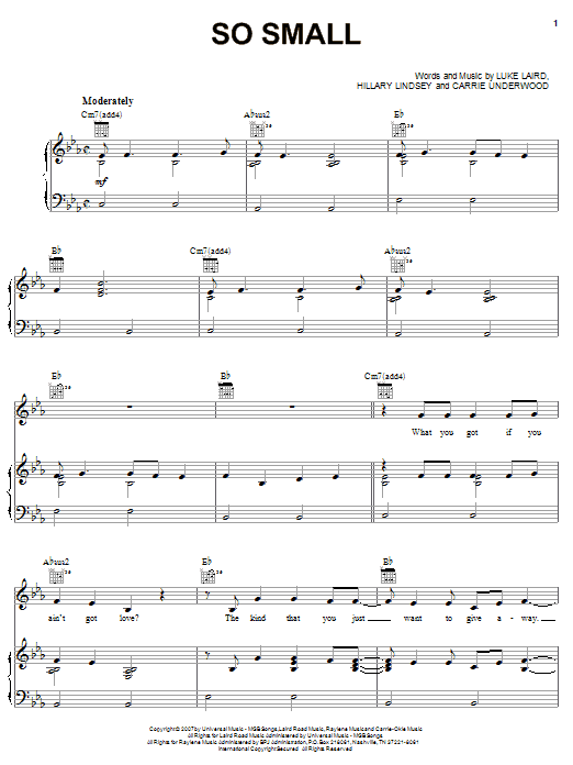 Carrie Underwood So Small Sheet Music Notes & Chords for Piano, Vocal & Guitar (Right-Hand Melody) - Download or Print PDF