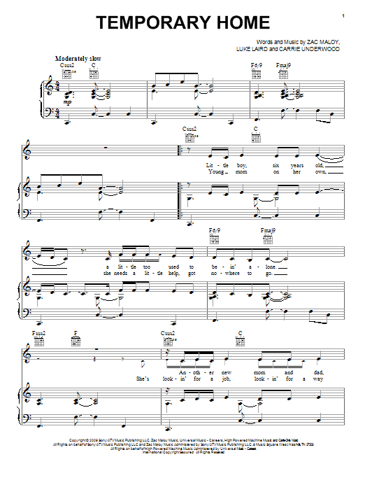 Carrie Underwood Temporary Home Sheet Music Notes & Chords for Piano, Vocal & Guitar (Right-Hand Melody) - Download or Print PDF