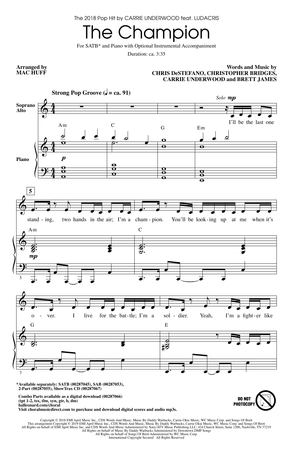 Carrie Underwood The Champion (feat. Ludacris) (arr. Mac Huff) Sheet Music Notes & Chords for 2-Part Choir - Download or Print PDF