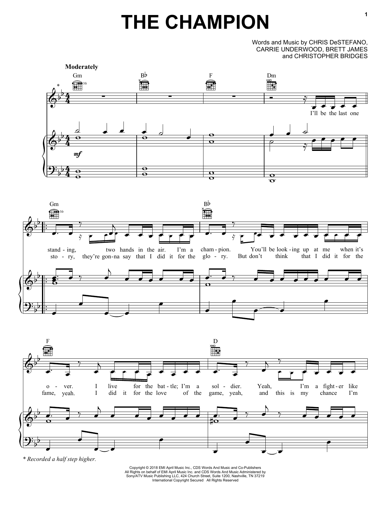 Carrie Underwood The Champion Sheet Music Notes & Chords for Piano, Vocal & Guitar (Right-Hand Melody) - Download or Print PDF