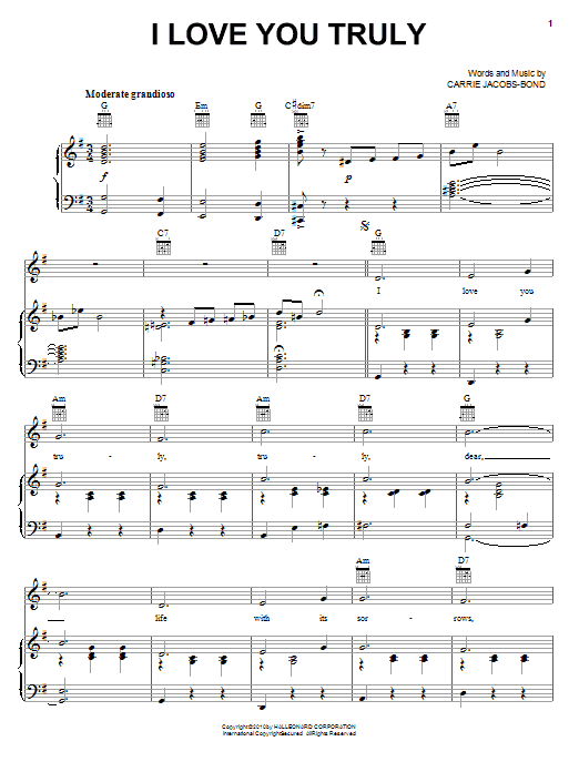 Preview Carrie Jacobs Bond I Love You Truly Pop sheet music, notes and chords for Piano, Vocal & Guitar (Right-Hand Melody), SKU: 19267 sheet music, piano notes, chords, guitar tabs, score, transpose, transcribe, how to play, guide, download, learn, tutorial, progression, song, artist, awards, billboard, mtv, vh1, tour, single, album, release
