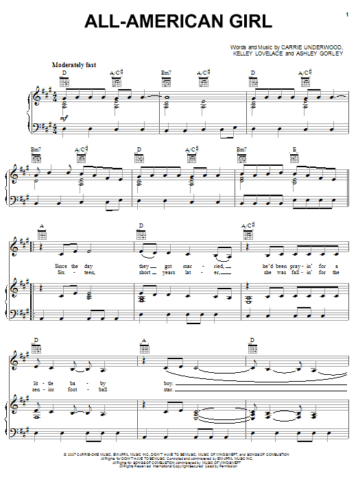 Preview Carrie Underwood All-American Girl Pop sheet music, notes and chords for Piano, Vocal & Guitar (Right-Hand Melody), SKU: 63694 All-American Girl sheet music