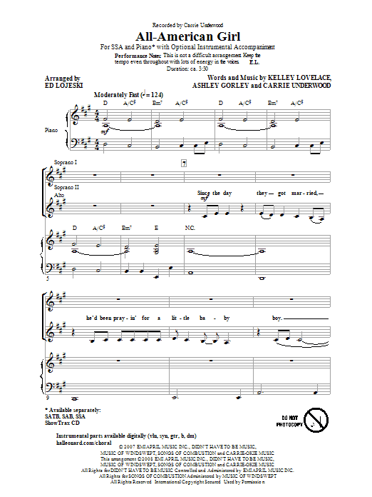 Preview Carrie Underwood All-American Girl (arr. Ed Lojeski) Concert sheet music, notes and chords for SATB, SKU: 67785 All-American Girl (arr. Ed Lojeski) sheet music
