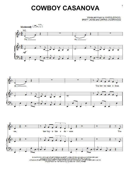 Preview Carrie Underwood Cowboy Casanova Pop sheet music, notes and chords for Piano, Vocal & Guitar (Right-Hand Melody), SKU: 72285 Cowboy Casanova sheet music